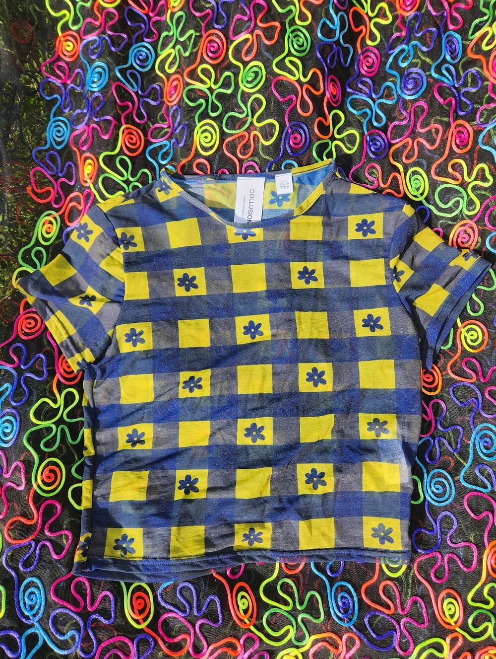 "Trapper Keeper QT" Yellow & Blue Checkered Tee with Flower Print